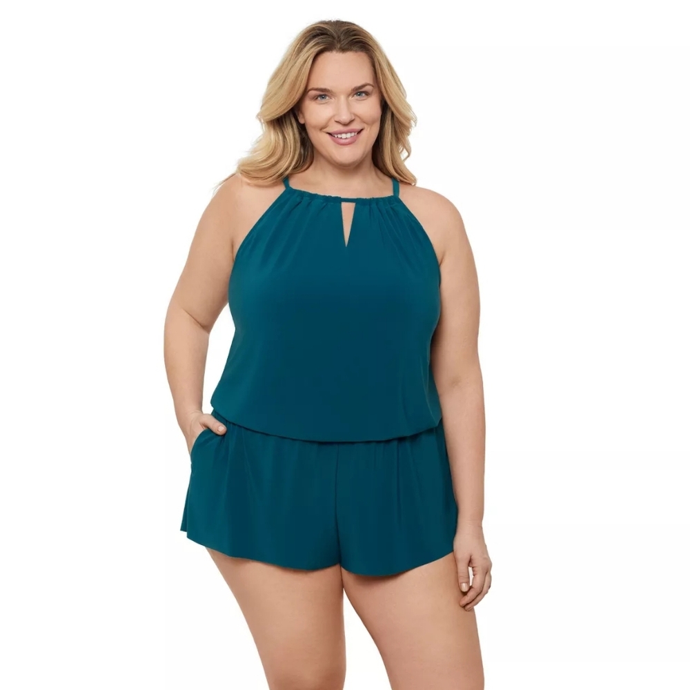 Aqua Green Keyhole Blouson Romper Swimsuit One Piece Teal Lagoon Size 1X (17)